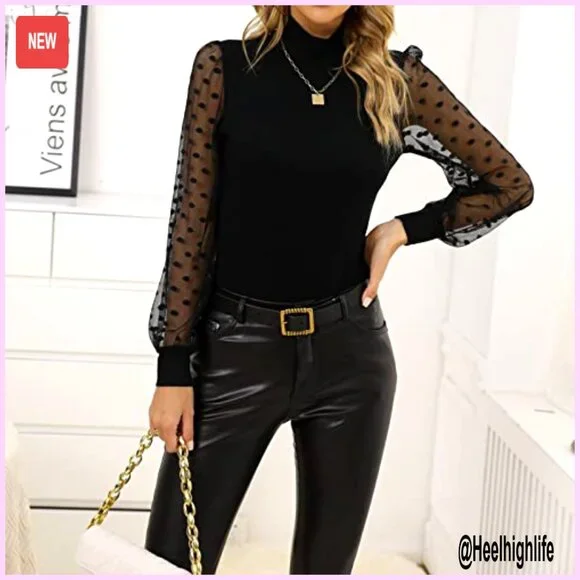 Sheer Mesh Long Sleeve Bodysuit Turtleneck Ribbed Shapewear